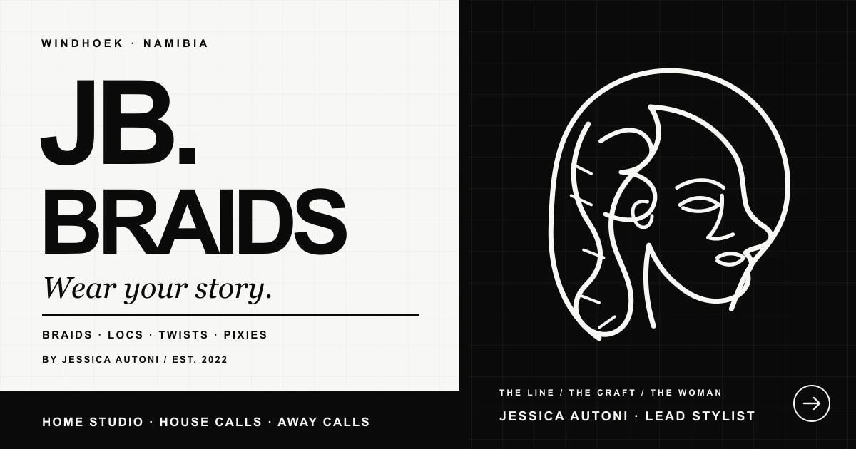 JB.Braids black-and-white line-art identity and booking experience for Jessica Autoni