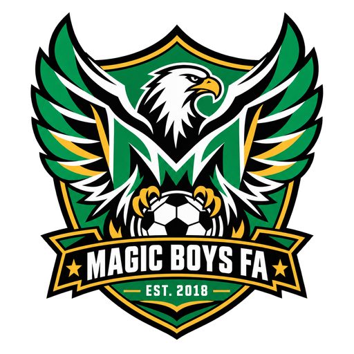 Official Magic Boys Football Academy eagle crest in green, black and gold, established 2018