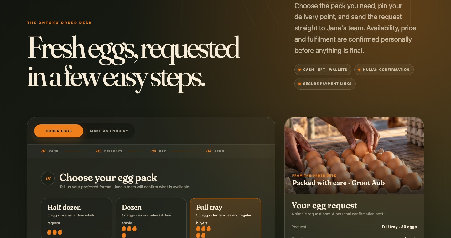 Ontoko Foods live egg-order and enquiry platform with pack selection and a human-confirmed request summary