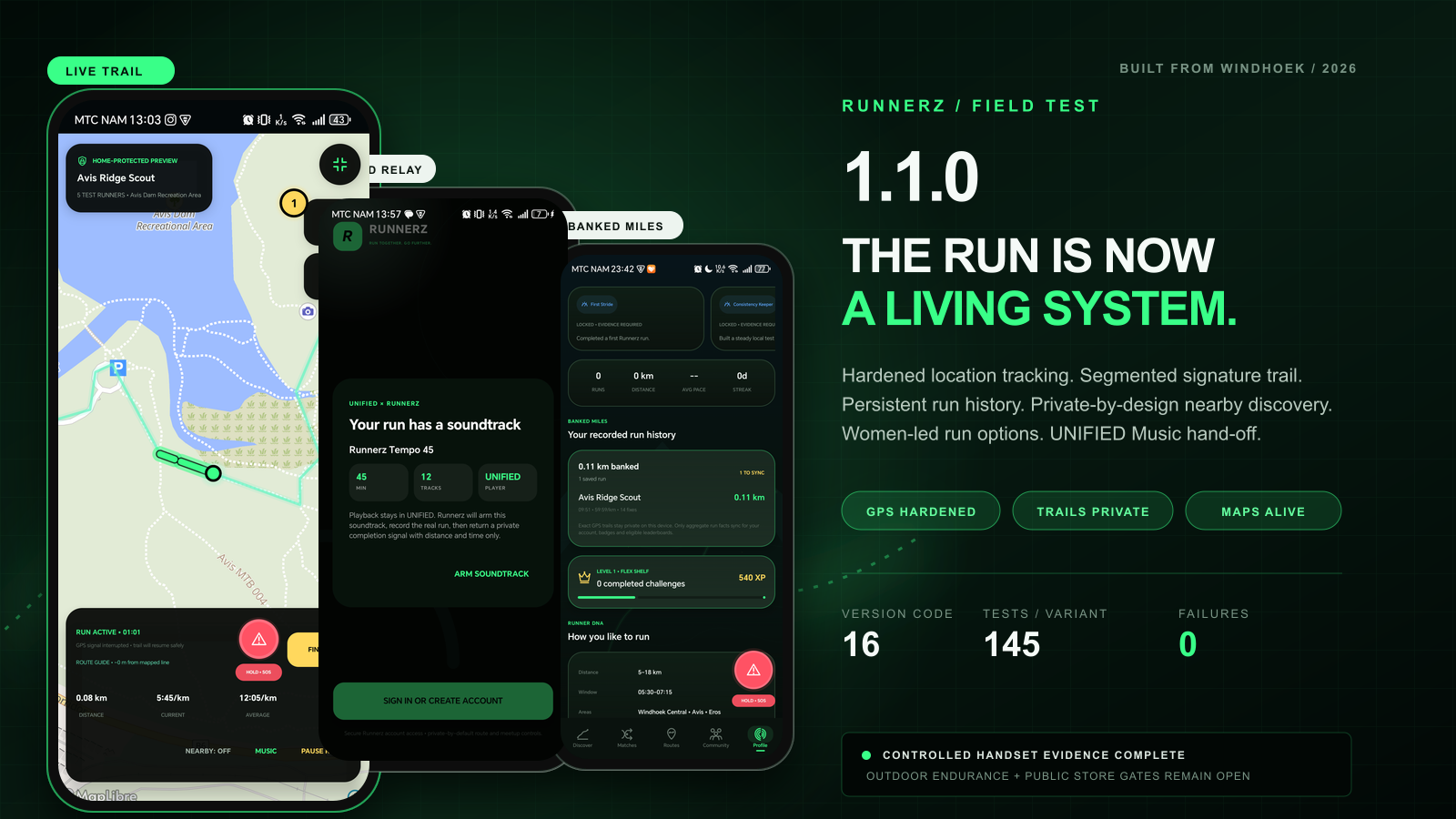 Runnerz 1.1.0 controlled Field Test showing the signature trail, UNIFIED Music relay and persistent banked miles