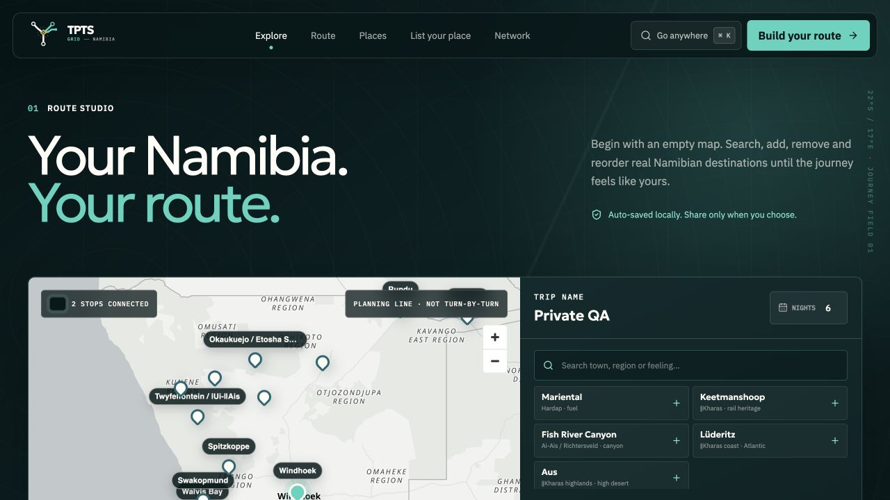 TPTS Grid editable route studio and shared MapLibre journey workspace
