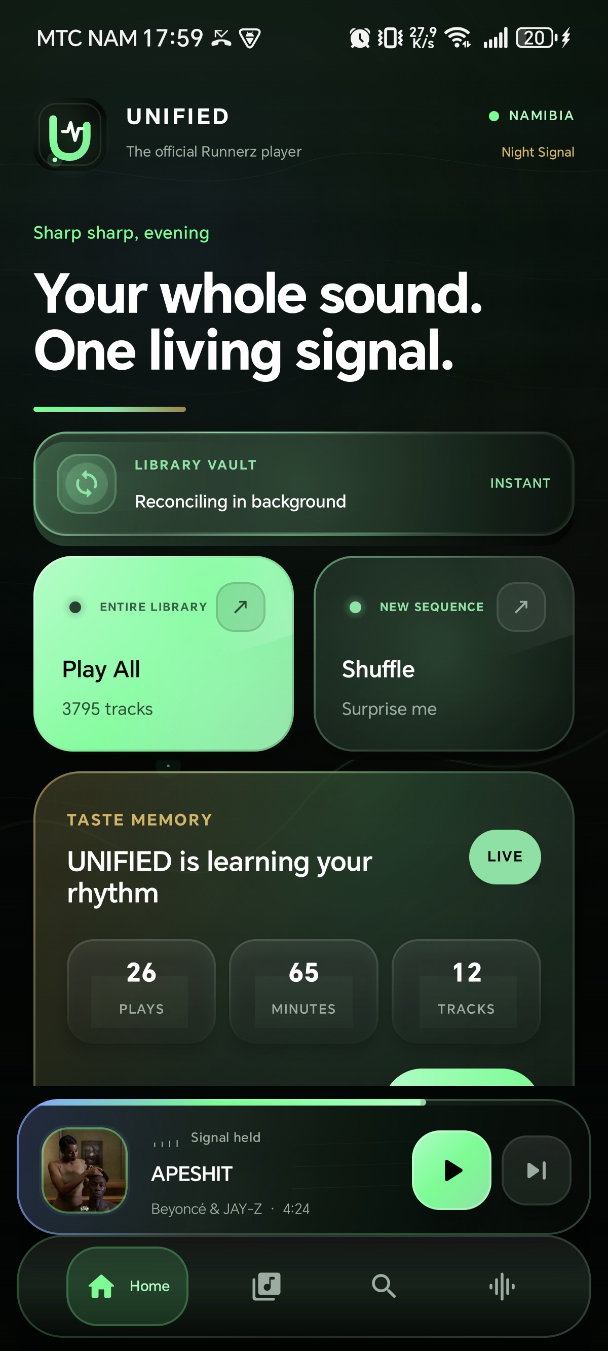 UNIFIED 11.0 Home showing Velocity Engine and the protected 3,795-track Library Vault