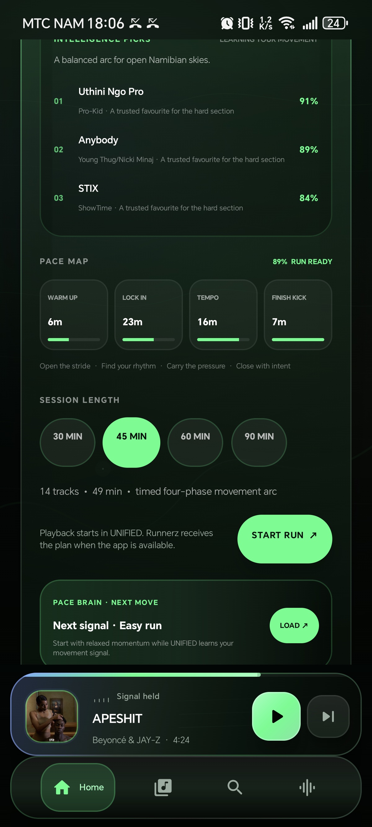 UNIFIED 11.0 Pace Map with Run Readiness and four soundtrack phases