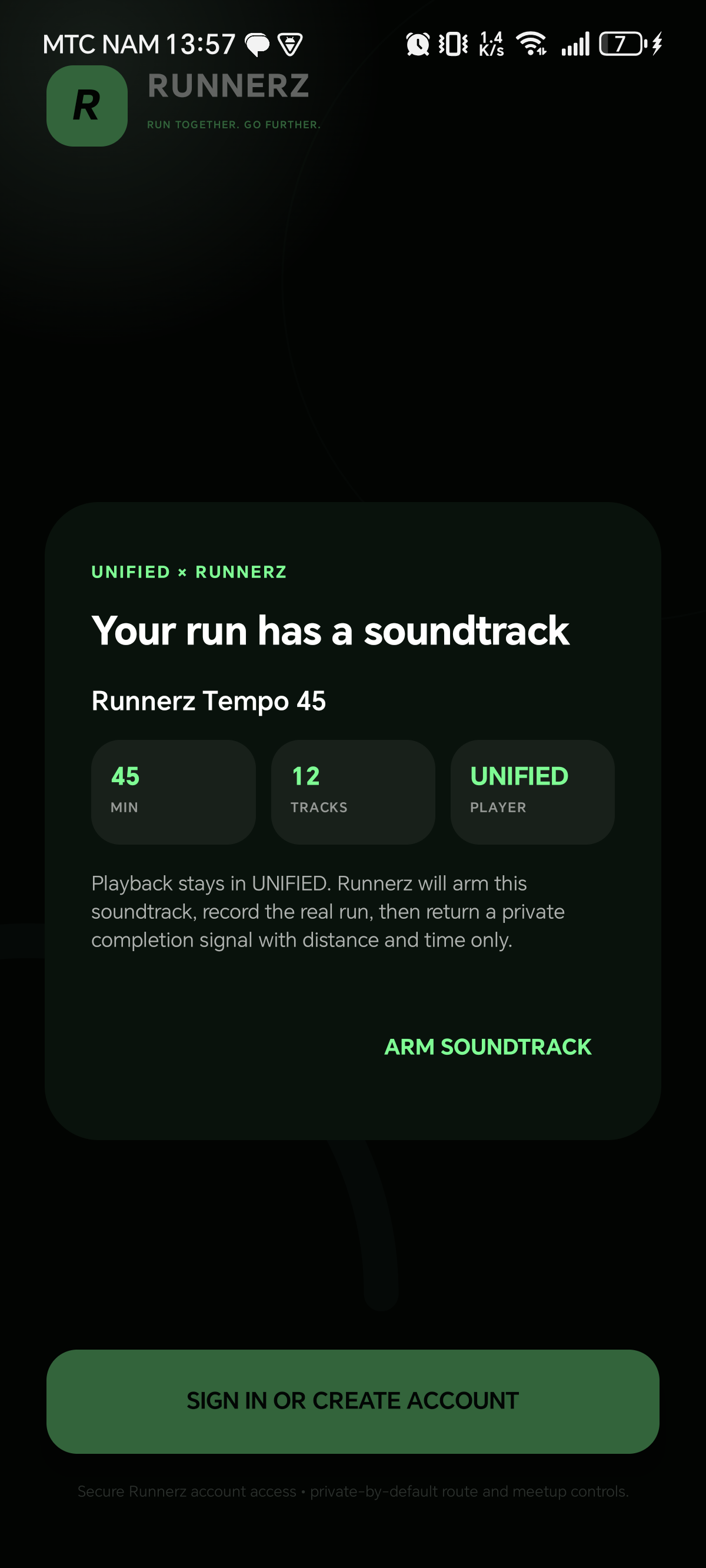 Runnerz native soundtrack consent surface receiving a UNIFIED session