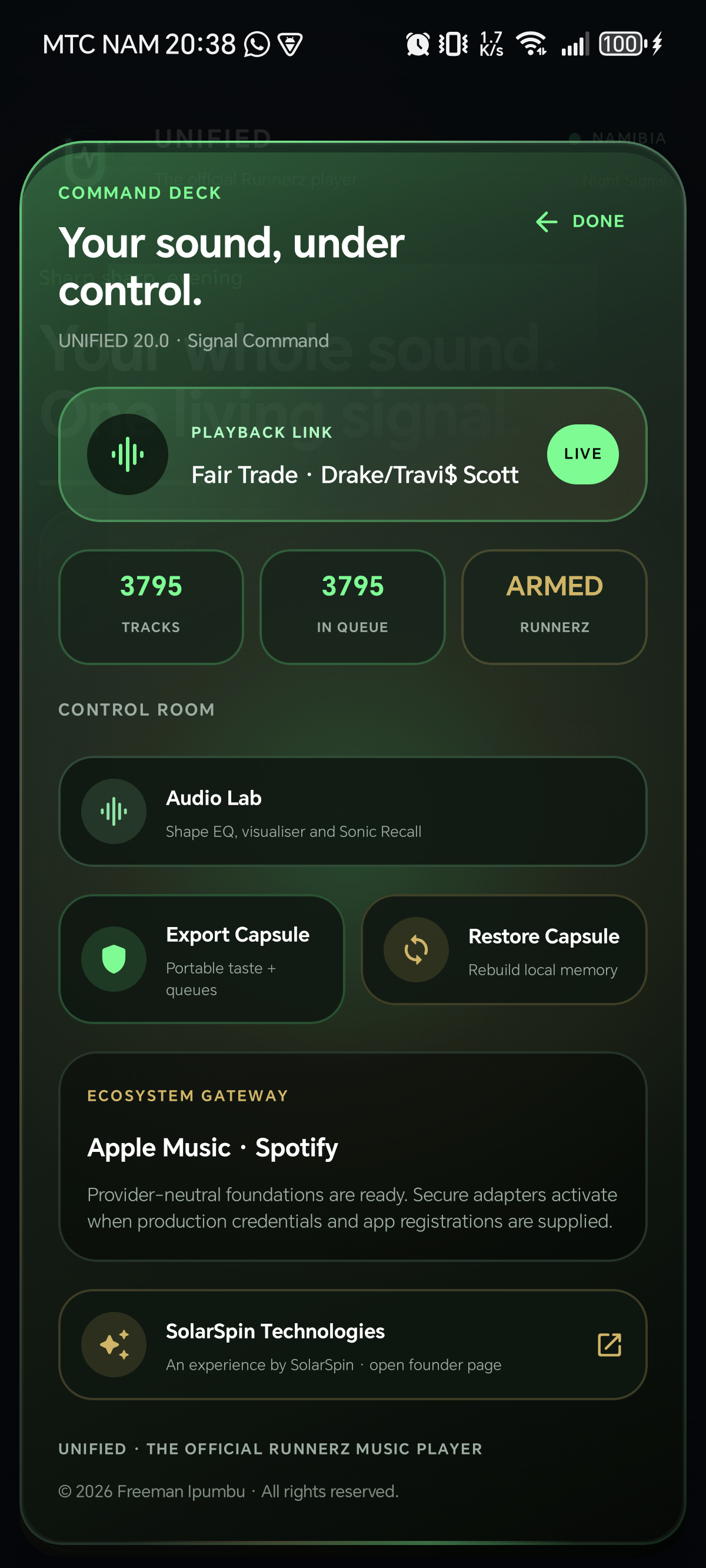 UNIFIED 20.0 Signal Command Deck on the physical Android 15 handset