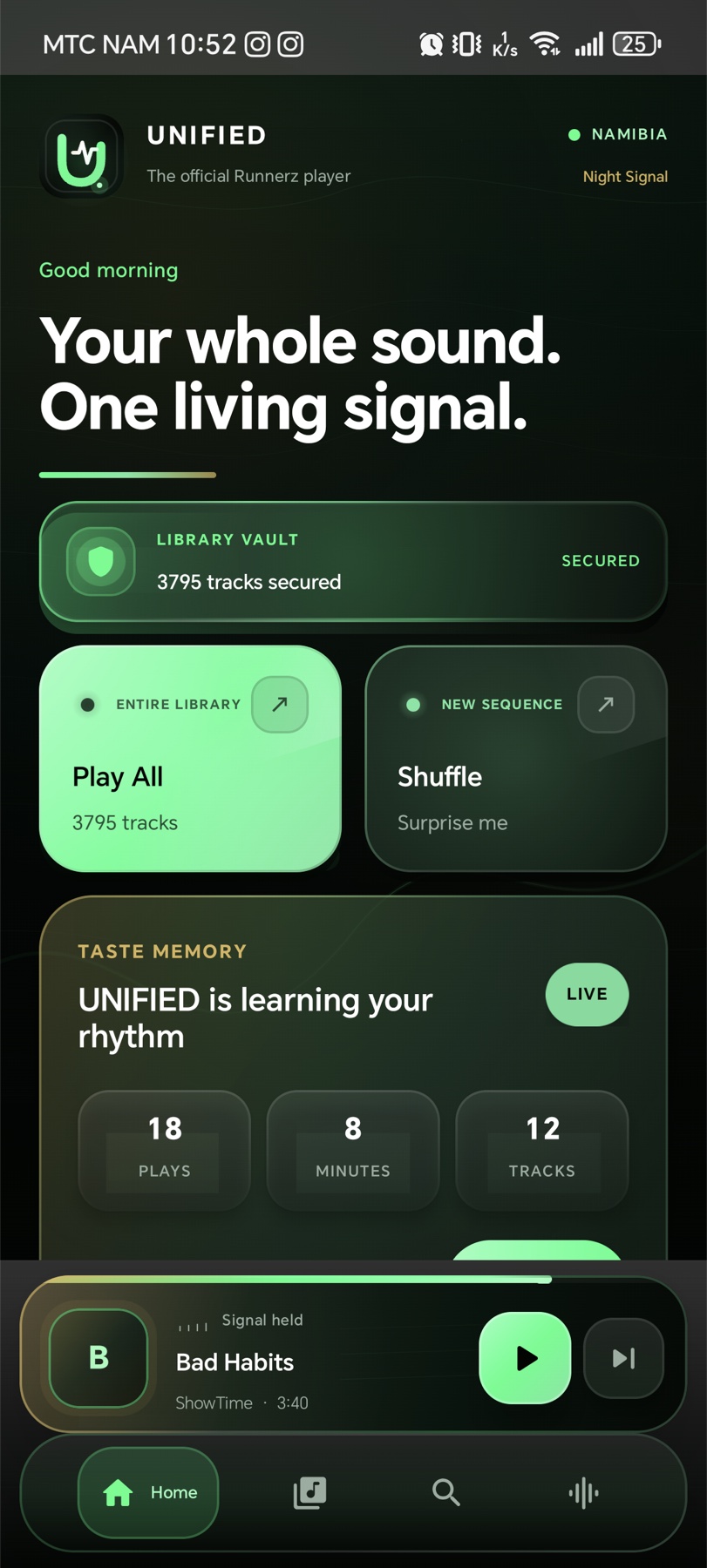 UNIFIED 9.0 Home showing Night Signal and the 3,795-track Library Vault
